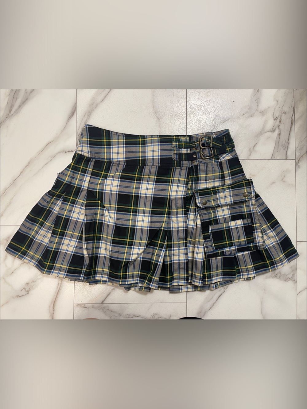 Ralph Lauren Plaid Mini Skirt with Buckle Detail - Navy, Green & Cream